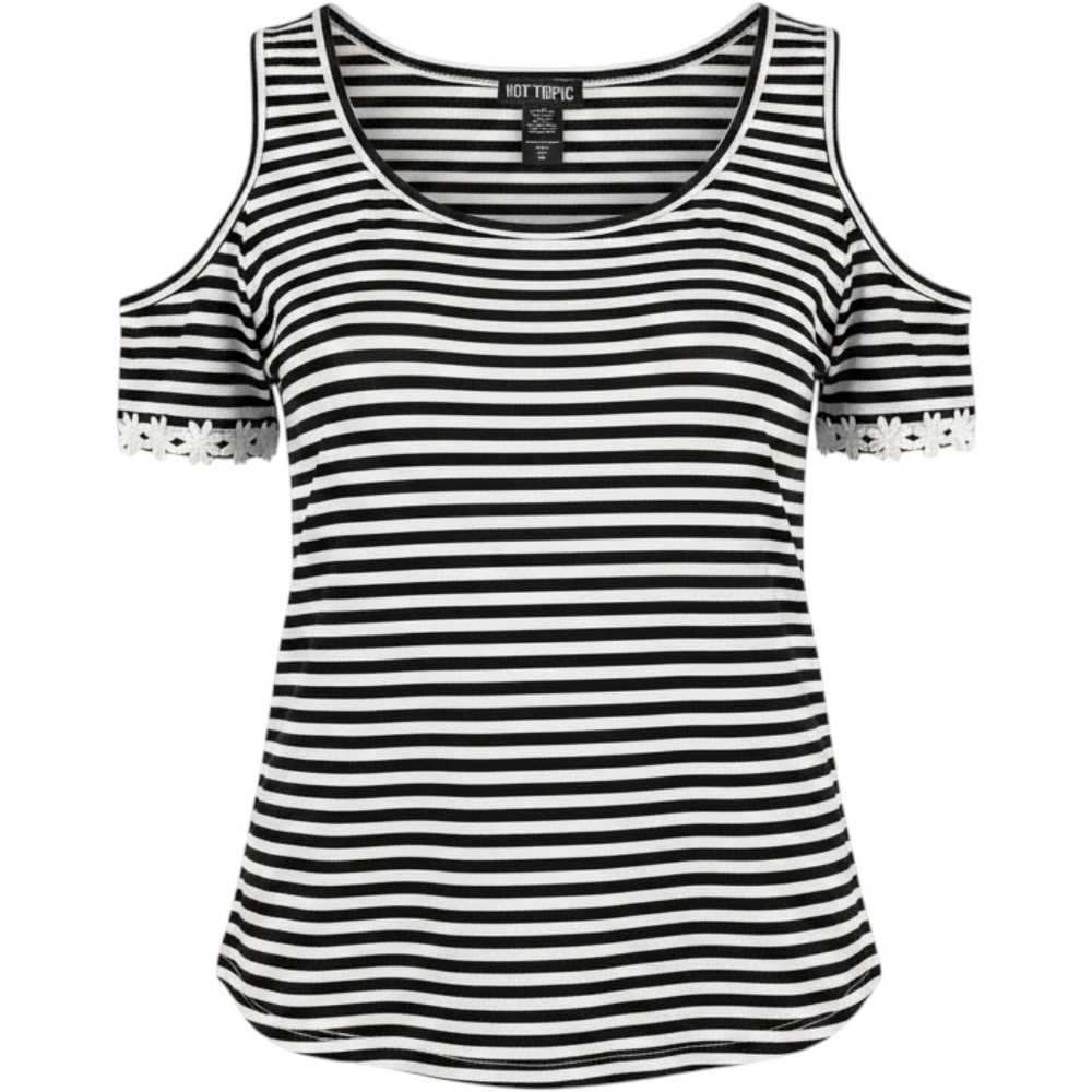 Hot Topic Cold Shoulder Top Womens XL Black White Striped Daisy Lace Soft Grunge